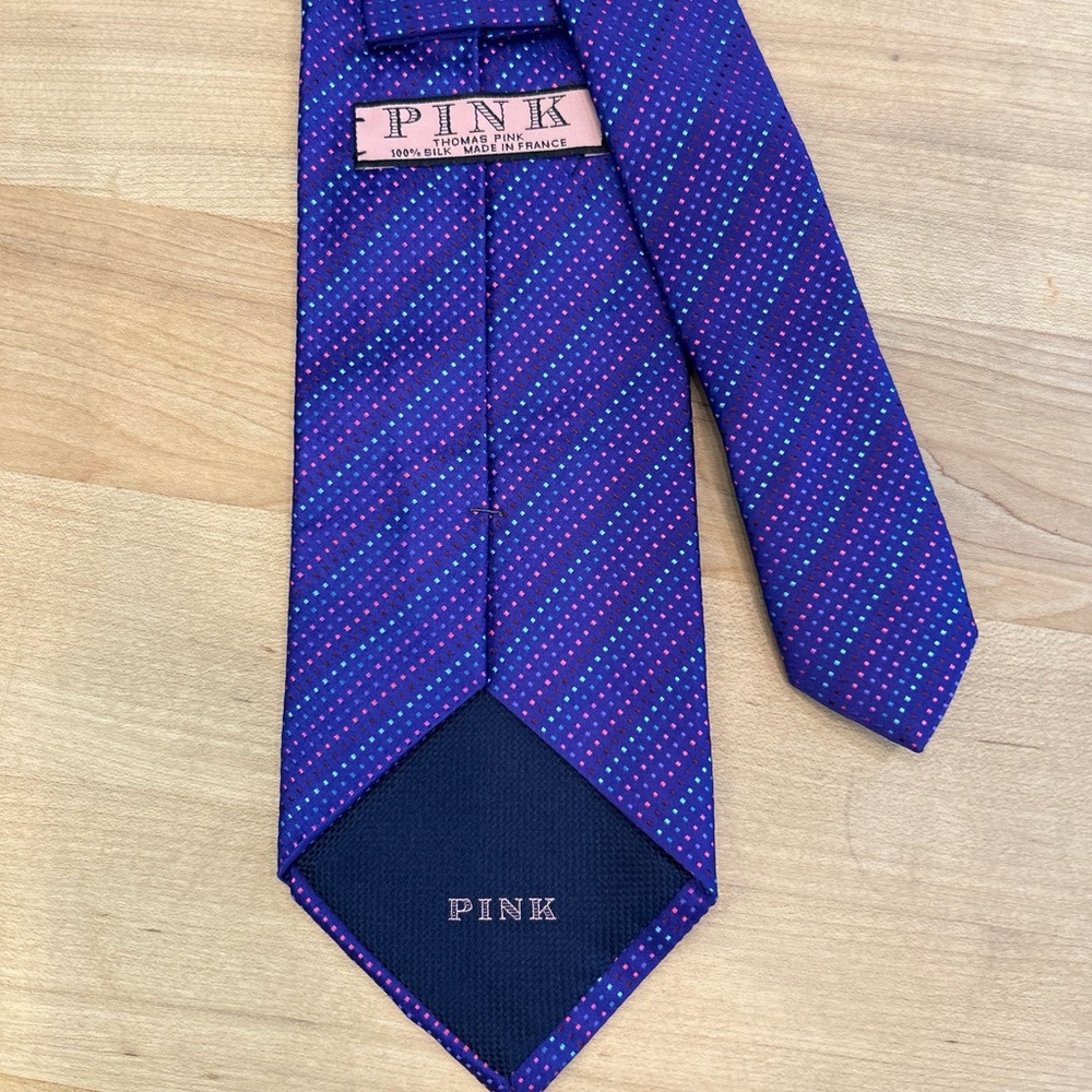PINK Thomas Pink 100% Silk Tie, Blue Colorful Woven, Made in France🇫🇷